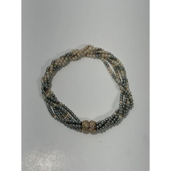 White & Silver-Blue Faux Pearl Six Strand Necklace Chocker Vintage Etch 2 Prym - Picture 10 of 11